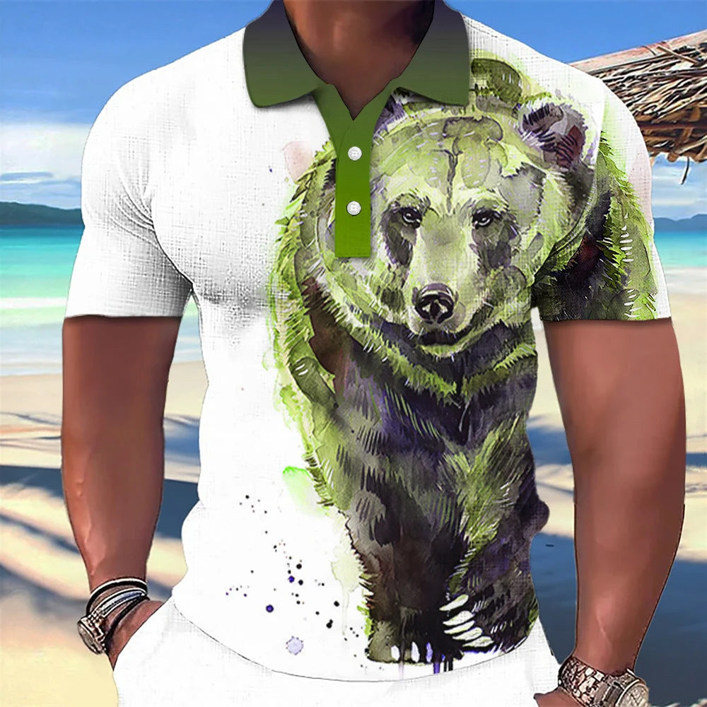 3D Wolf Printed Casual Short-sleeved Street Hip-hop T-shirt Breathable Pullover Men's Polo Shirt