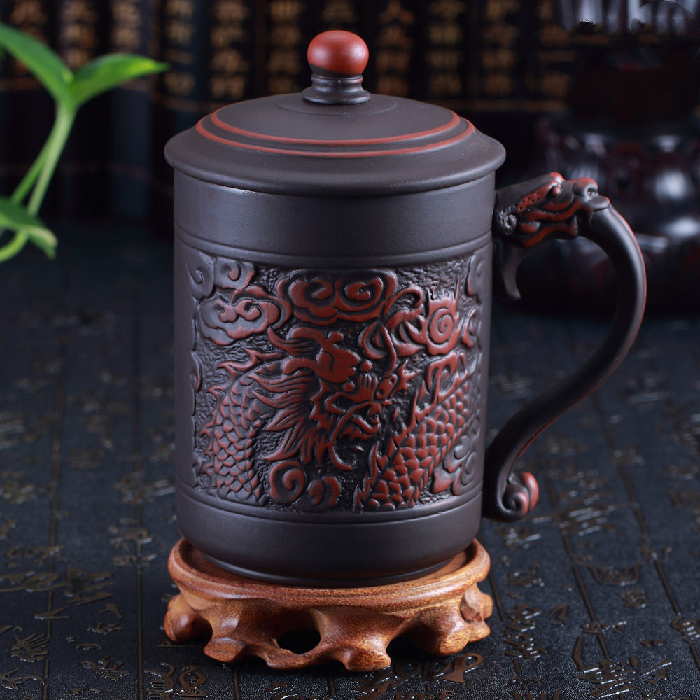 Chinese Embossed Dragon And Phoenix Tea Cup