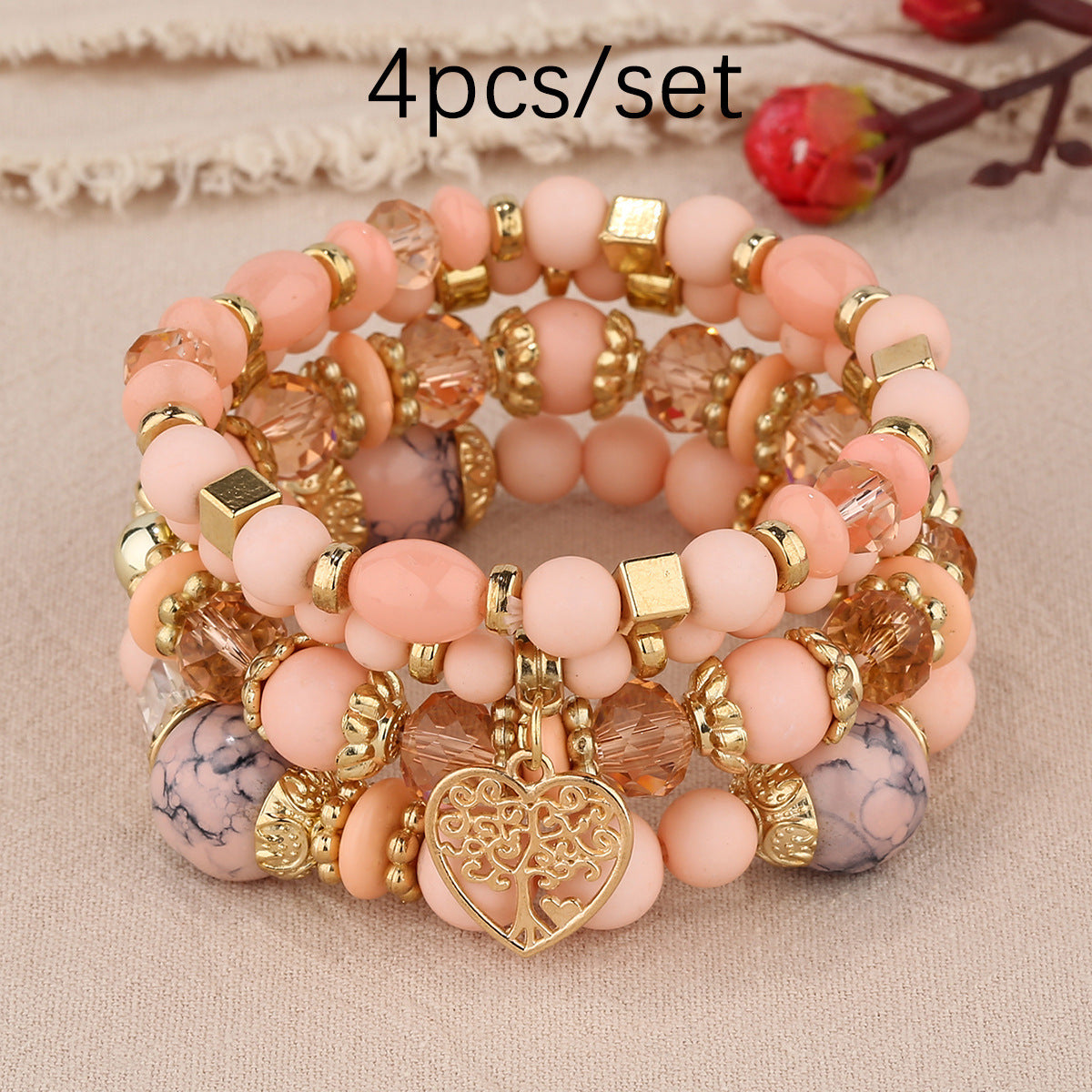 Multi-layer Hollow Heart Pendant Tassel Bracelet Suit