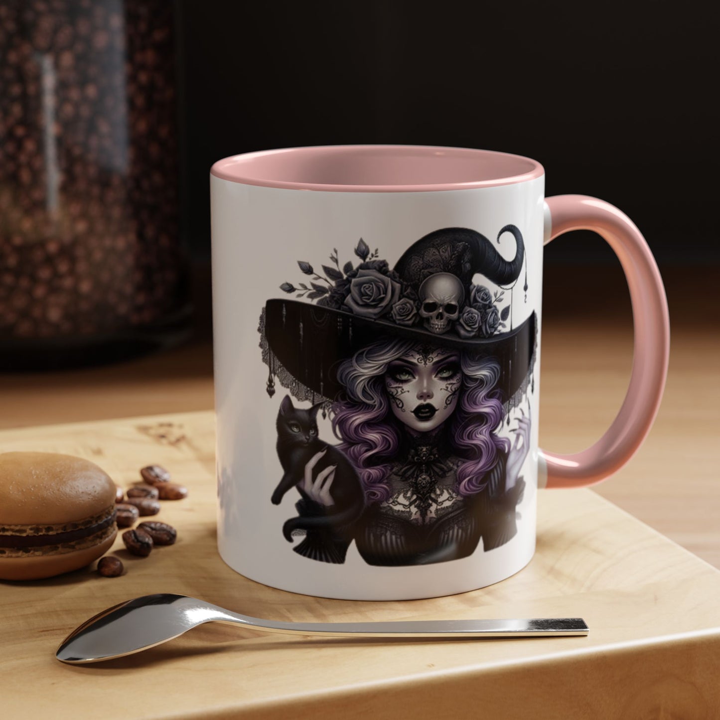 Witchy Accent Coffee Mug: Enchanting Black Cat & Skull Design, Spooky Gift for Halloween, Witchcraft Lover, Home Decor, Coffee Lover