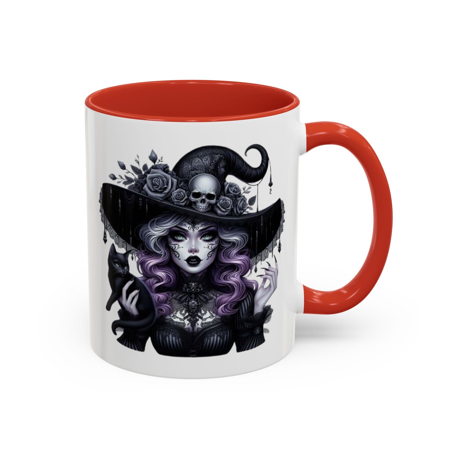 Witchy Accent Coffee Mug: Enchanting Black Cat & Skull Design, Spooky Gift for Halloween, Witchcraft Lover, Home Decor, Coffee Lover