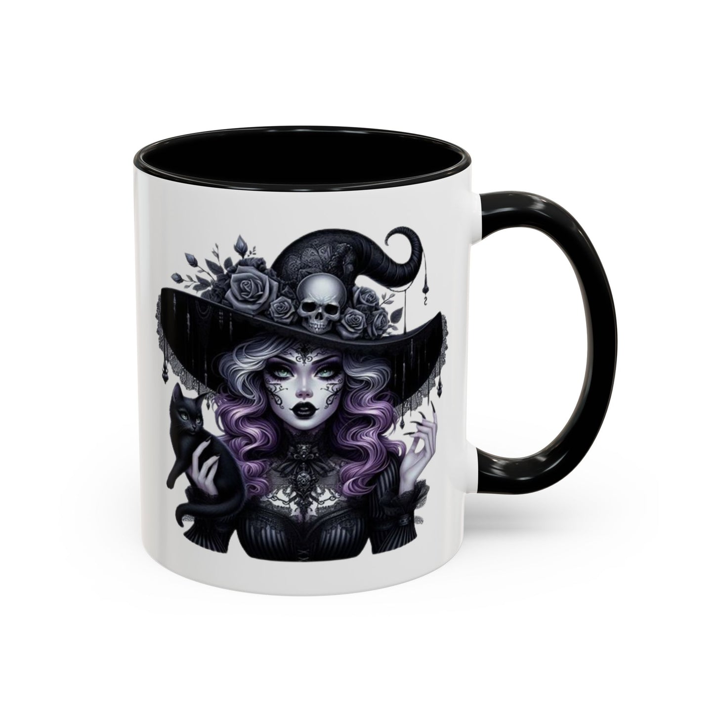 Witchy Accent Coffee Mug: Enchanting Black Cat & Skull Design, Spooky Gift for Halloween, Witchcraft Lover, Home Decor, Coffee Lover