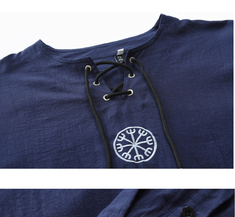 Cotton and linen printed solid color large size medieval shirt
