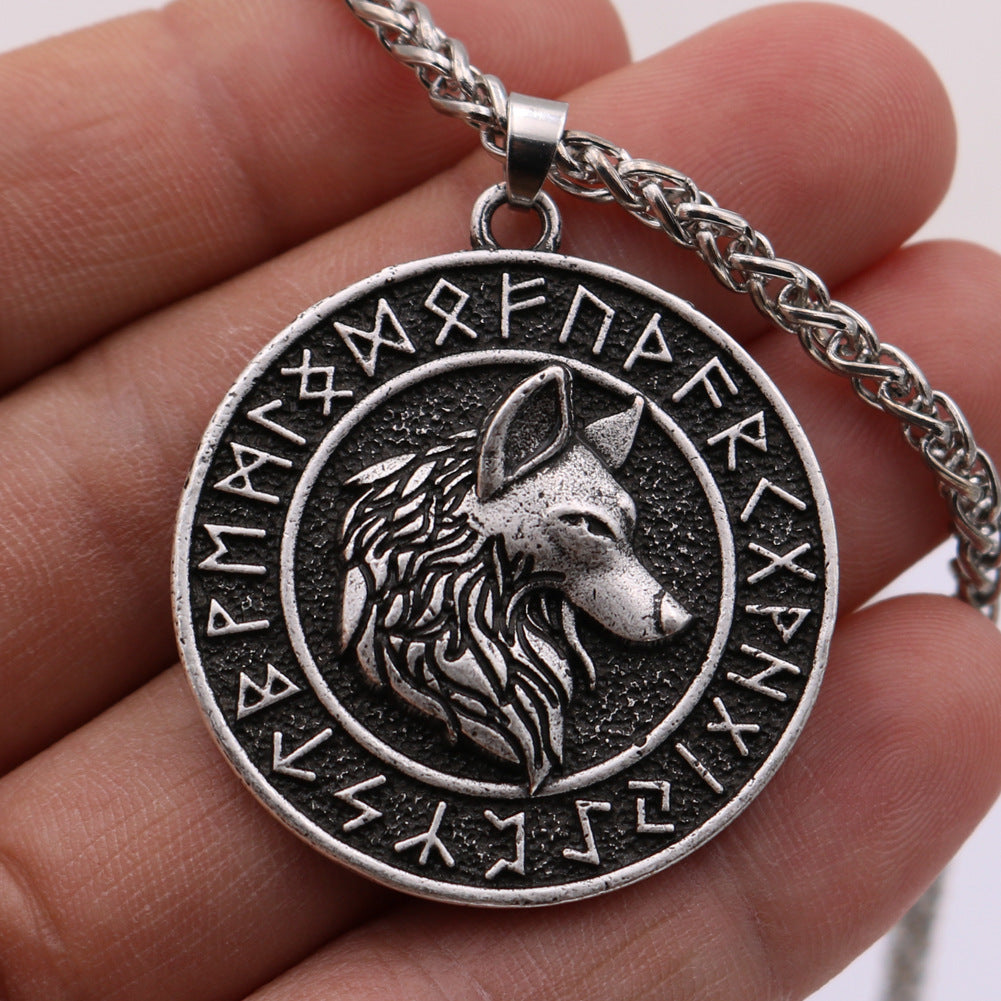 Viking Wolf Head Rune Necklace Metal Men's Pendant