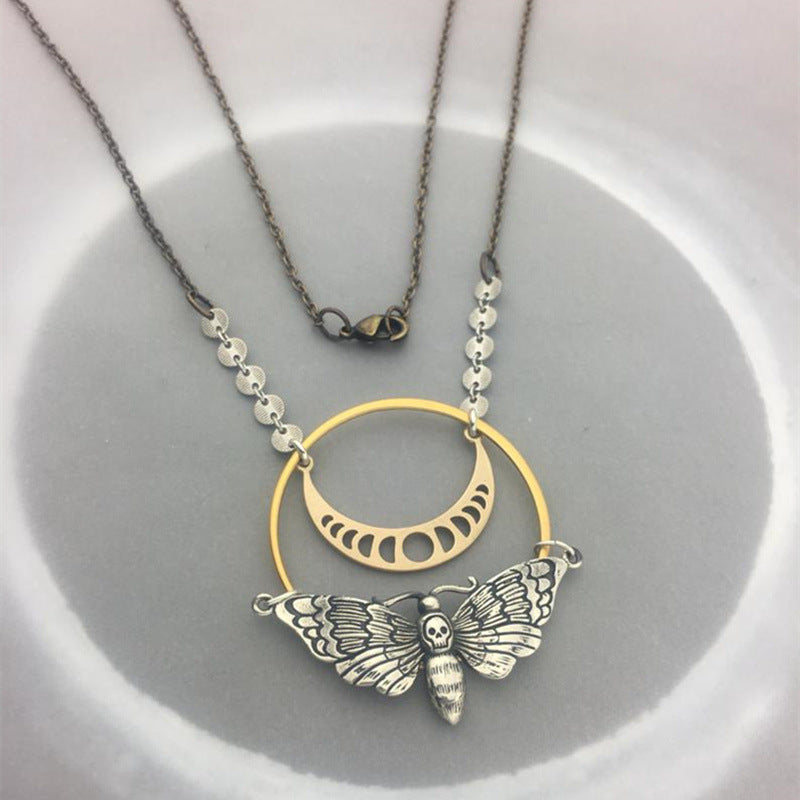 Moon phase skull moth mysterious pendant necklace