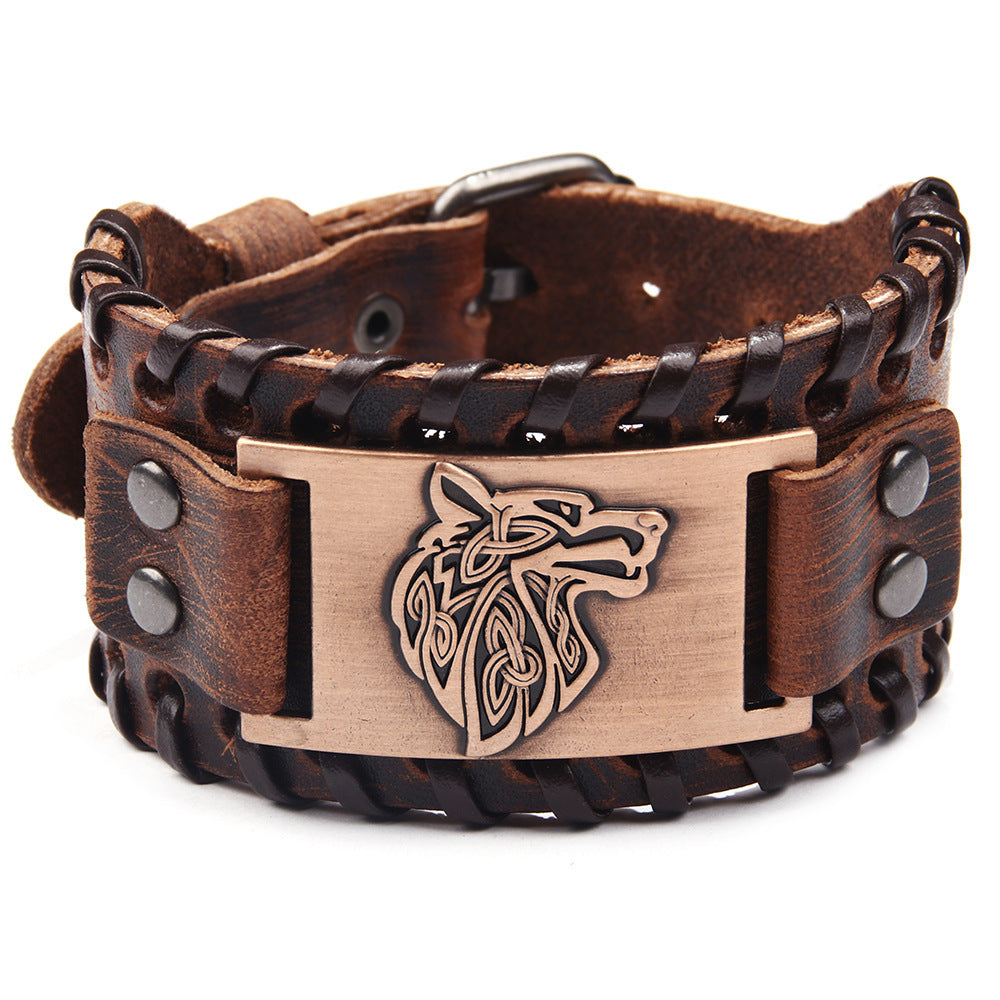 Men's Wolf Head Wide Leather Bracelet
