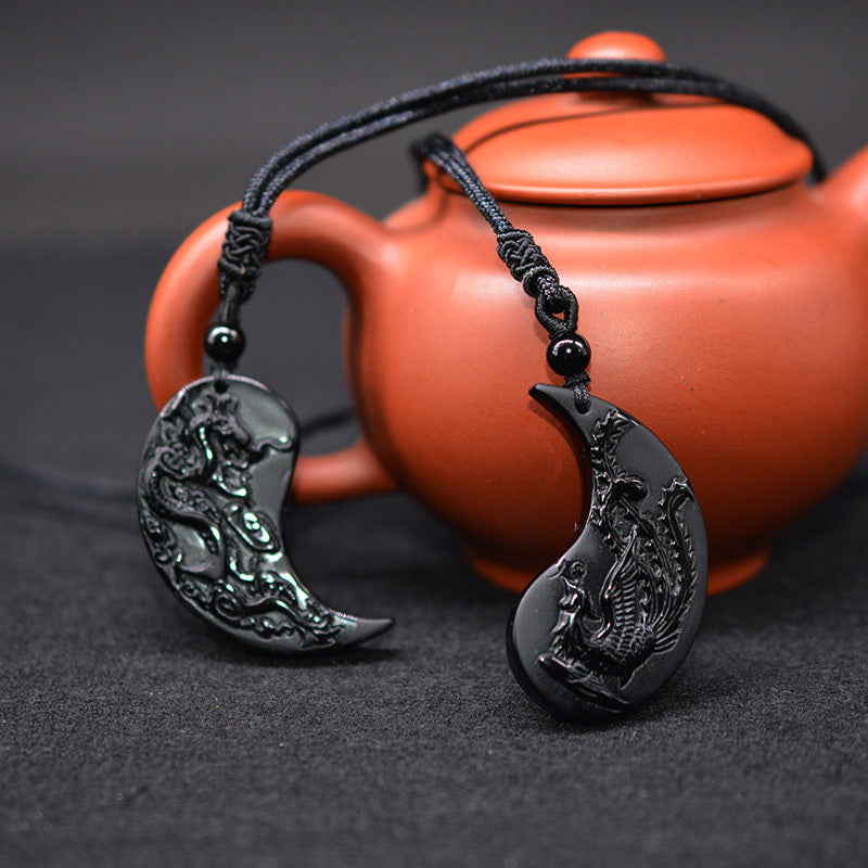 Obsidian Dragon Phoenix Pair Pendant For Lovers