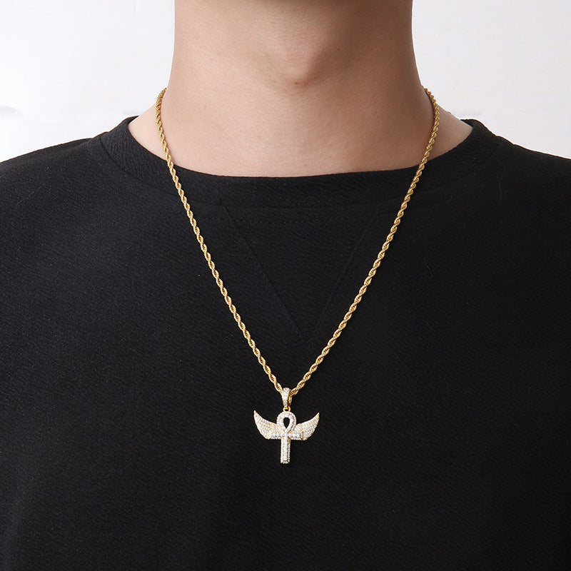 Zircon Incrusté Aile D'ange Croix Pendentif