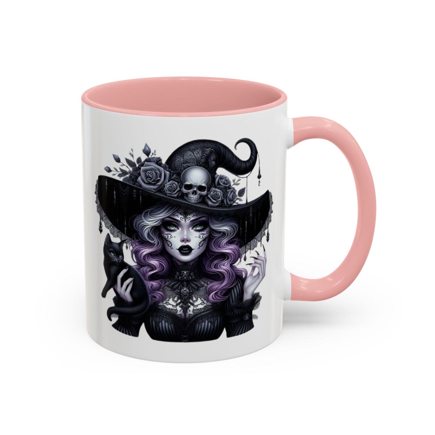 Witchy Accent Coffee Mug: Enchanting Black Cat & Skull Design, Spooky Gift for Halloween, Witchcraft Lover, Home Decor, Coffee Lover