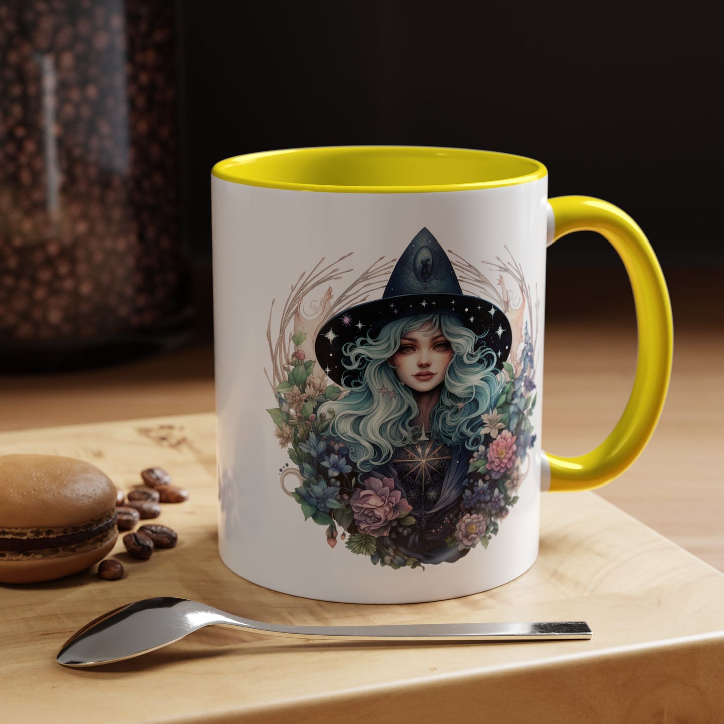 Mystical Floral Witch Coffee Mug with Accent, Gift for Witches, Unique Boho Kitchen Decor, Tea Lover's Mug, Magical Drinkware