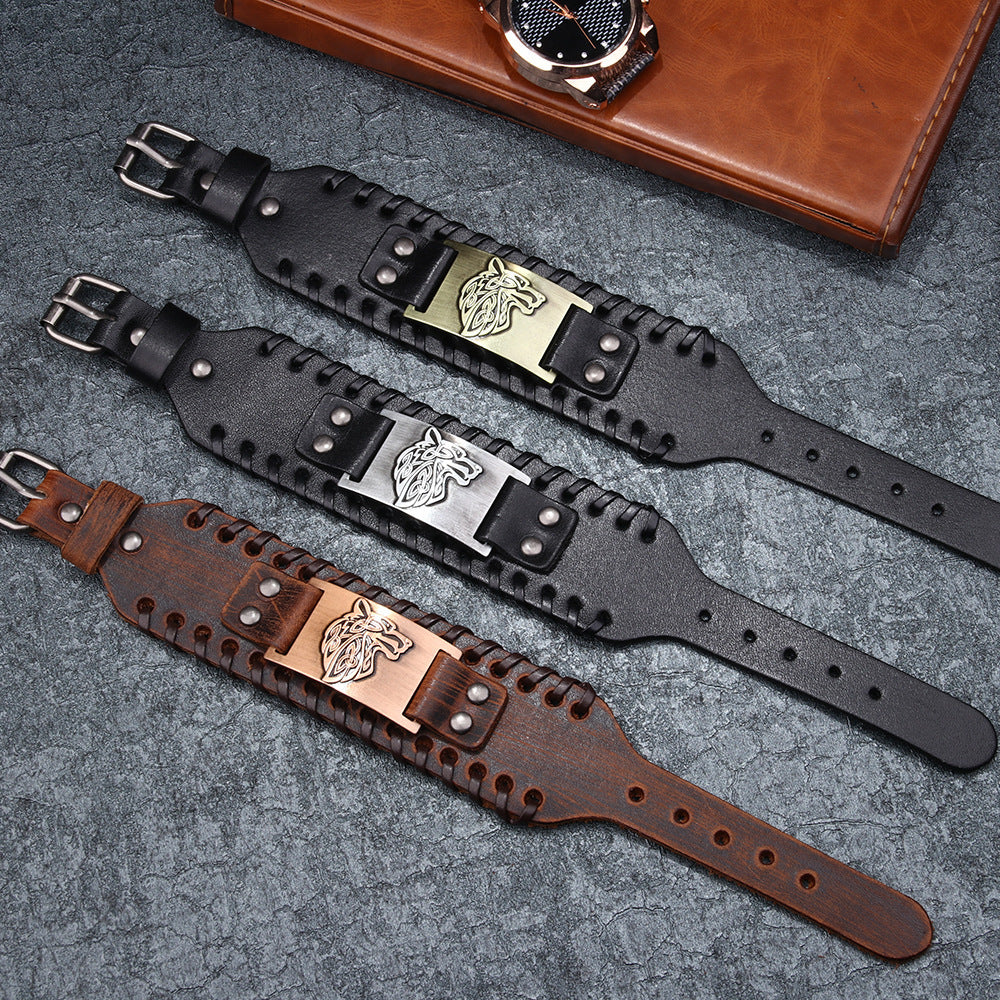 Men's Wolf Head Wide Leather Bracelet
