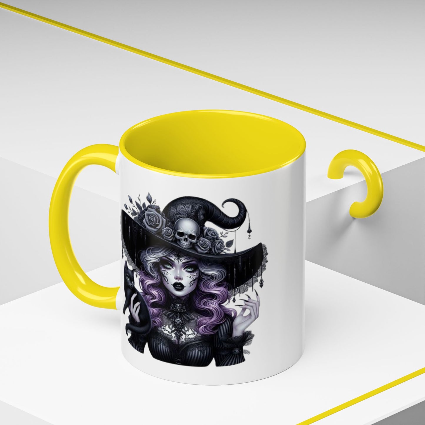 Witchy Accent Coffee Mug: Enchanting Black Cat & Skull Design, Spooky Gift for Halloween, Witchcraft Lover, Home Decor, Coffee Lover