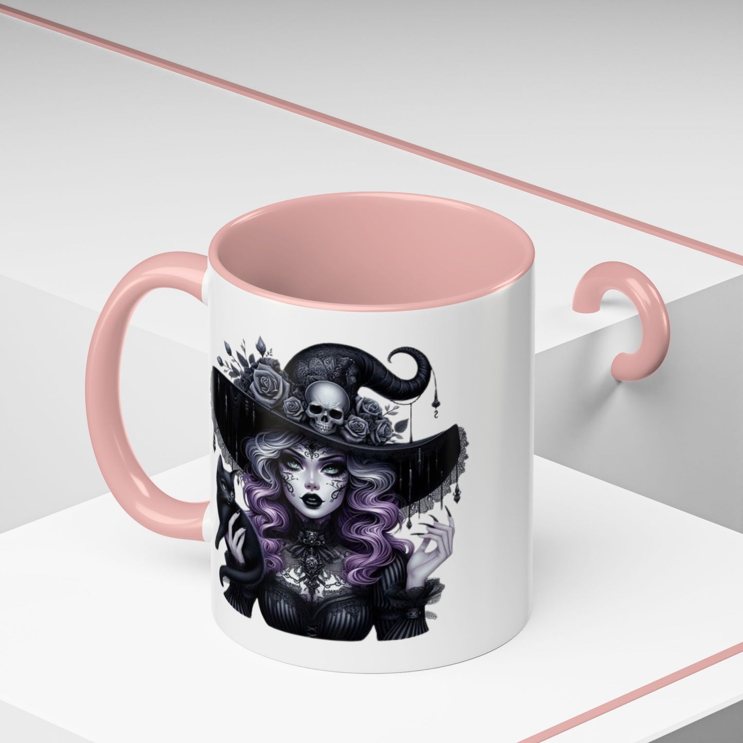 Witchy Accent Coffee Mug: Enchanting Black Cat & Skull Design, Spooky Gift for Halloween, Witchcraft Lover, Home Decor, Coffee Lover