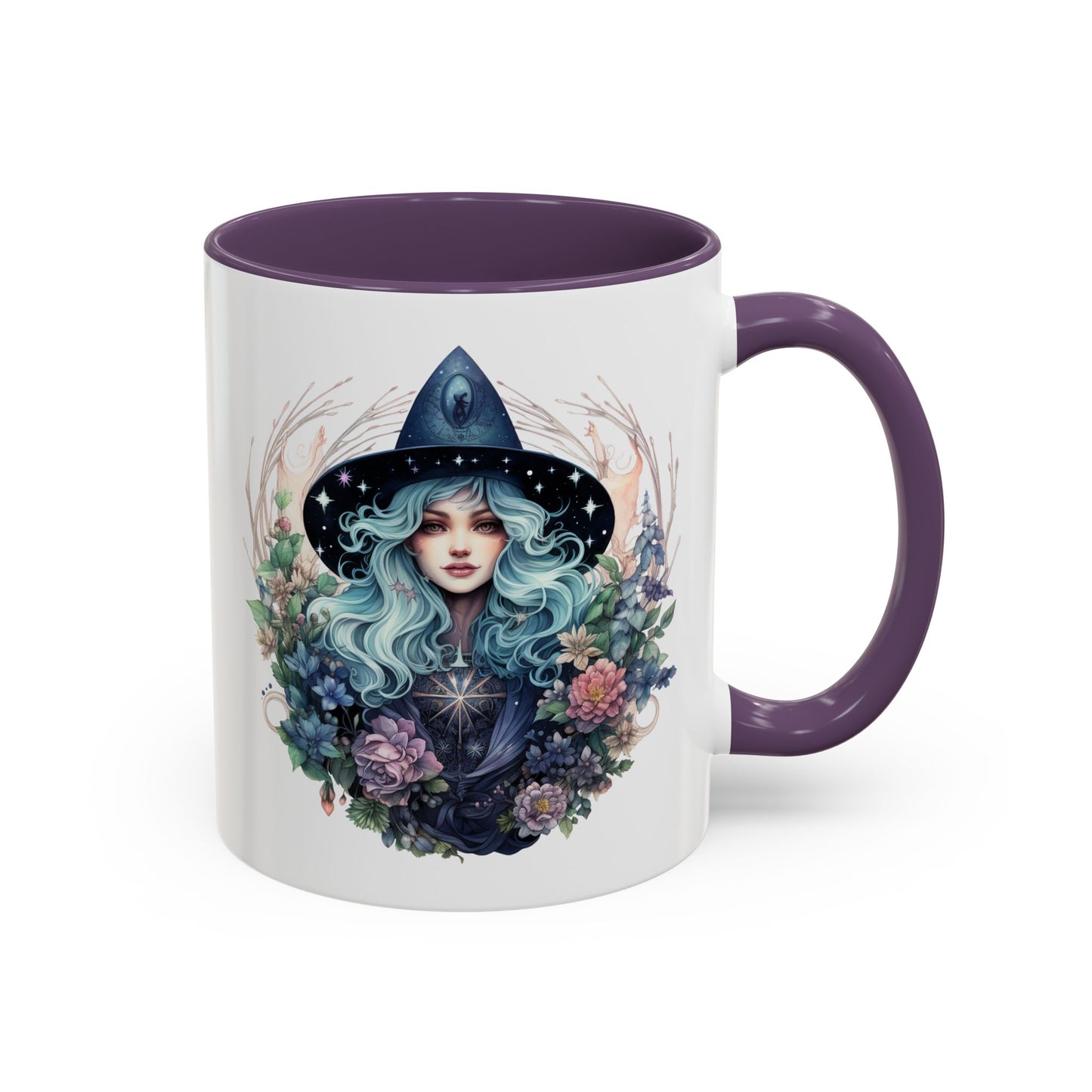 Mystical Floral Witch Coffee Mug with Accent, Gift for Witches, Unique Boho Kitchen Decor, Tea Lover's Mug, Magical Drinkware