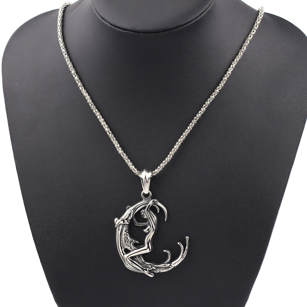 Men's Stainless Steel Moon Goddess Pendant Necklace