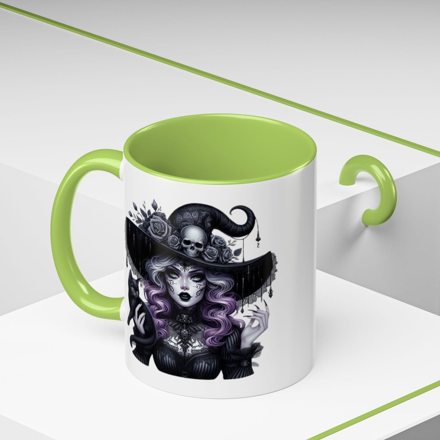 Witchy Accent Coffee Mug: Enchanting Black Cat & Skull Design, Spooky Gift for Halloween, Witchcraft Lover, Home Decor, Coffee Lover