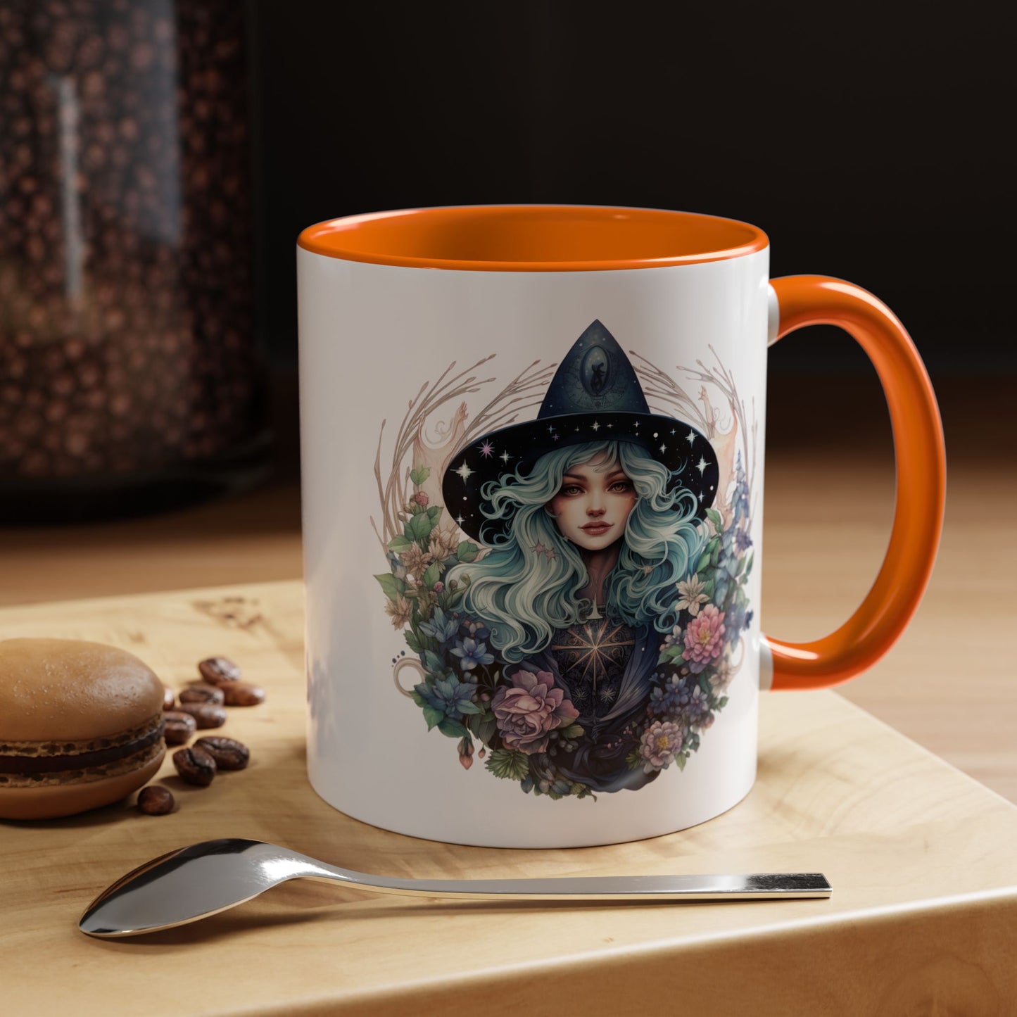 Mystical Floral Witch Coffee Mug with Accent, Gift for Witches, Unique Boho Kitchen Decor, Tea Lover's Mug, Magical Drinkware