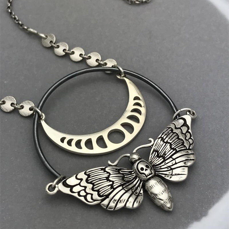 Moon phase skull moth mysterious pendant necklace