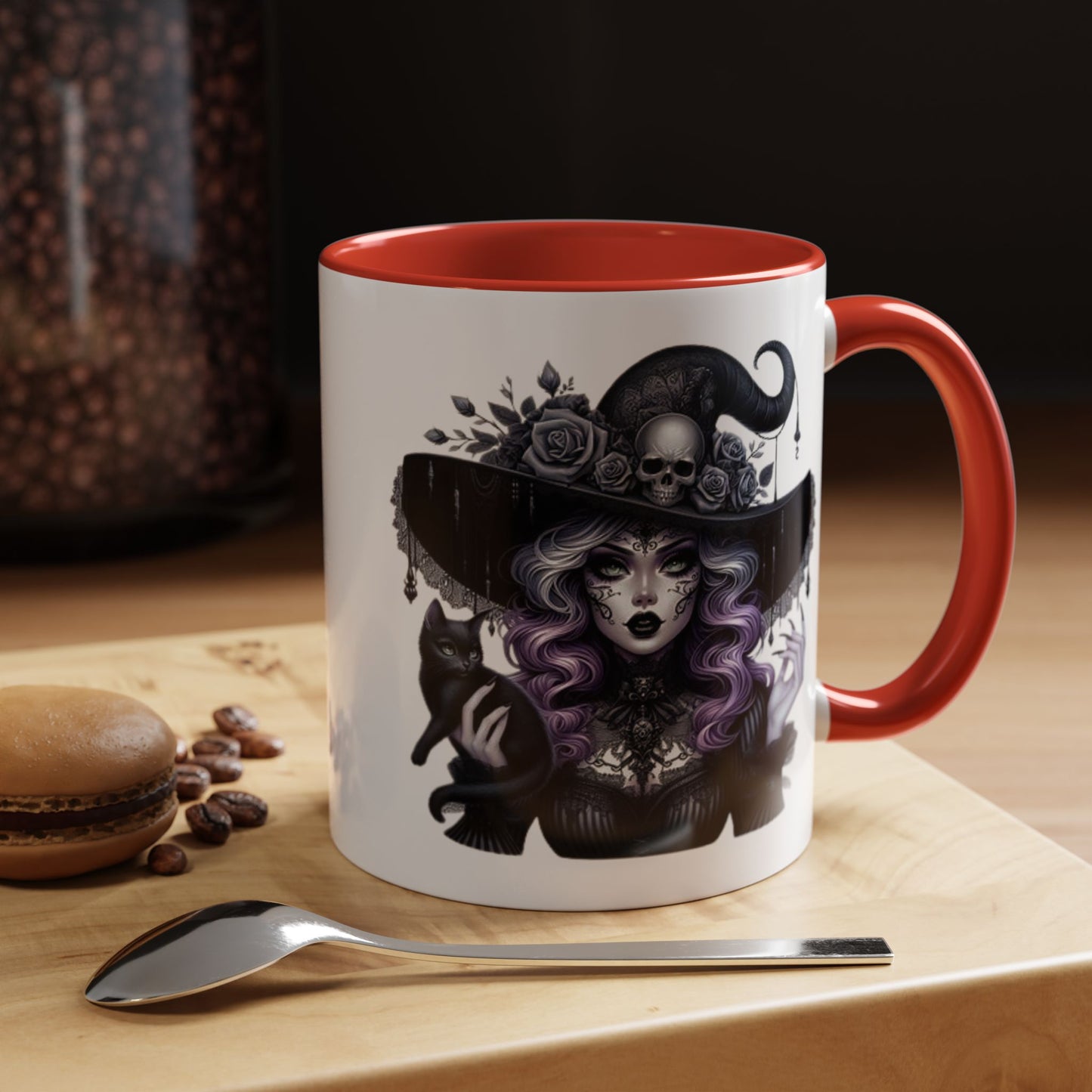 Witchy Accent Coffee Mug: Enchanting Black Cat & Skull Design, Spooky Gift for Halloween, Witchcraft Lover, Home Decor, Coffee Lover