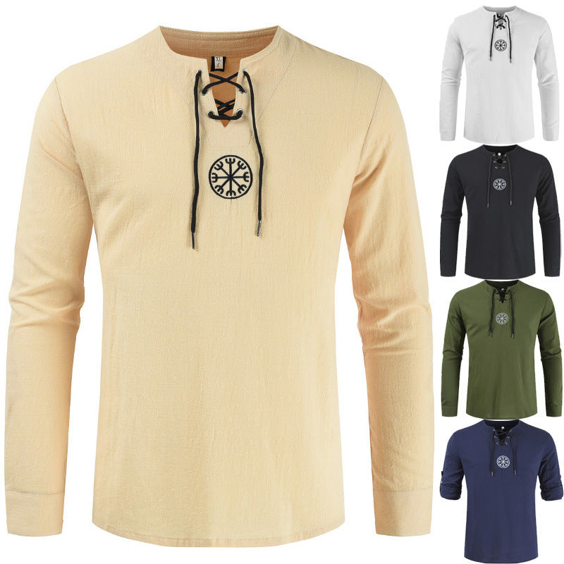 Cotton and linen printed solid color large size medieval shirt