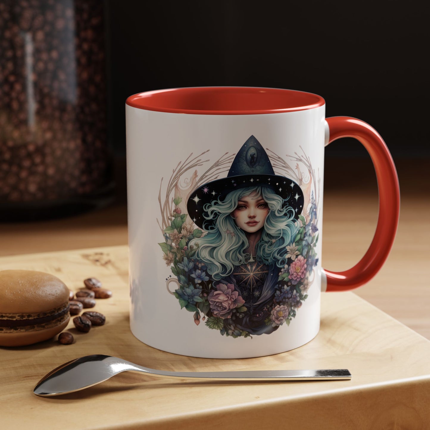 Mystical Floral Witch Coffee Mug with Accent, Gift for Witches, Unique Boho Kitchen Decor, Tea Lover's Mug, Magical Drinkware