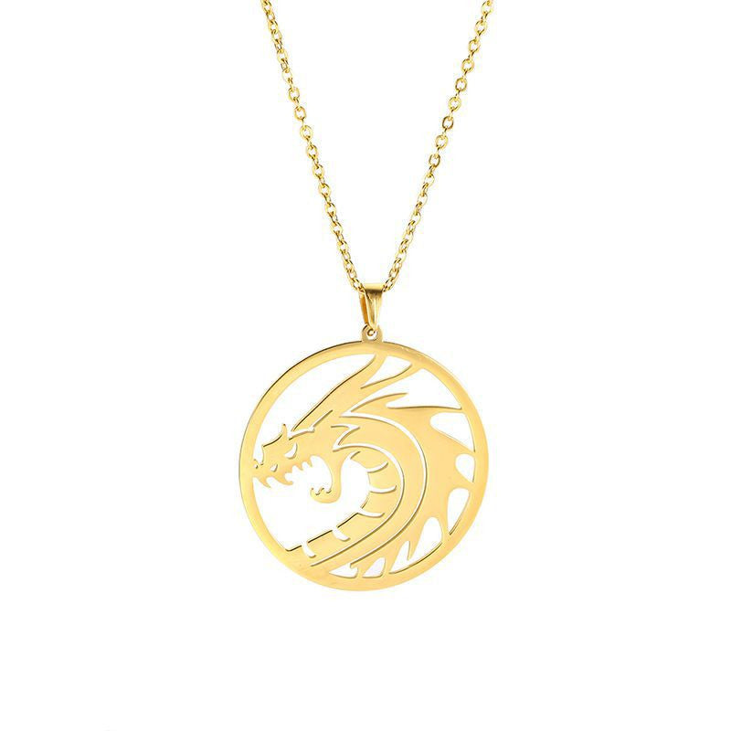 Zodiac Dragon Stainless Steel Round Plate Plating Necklace