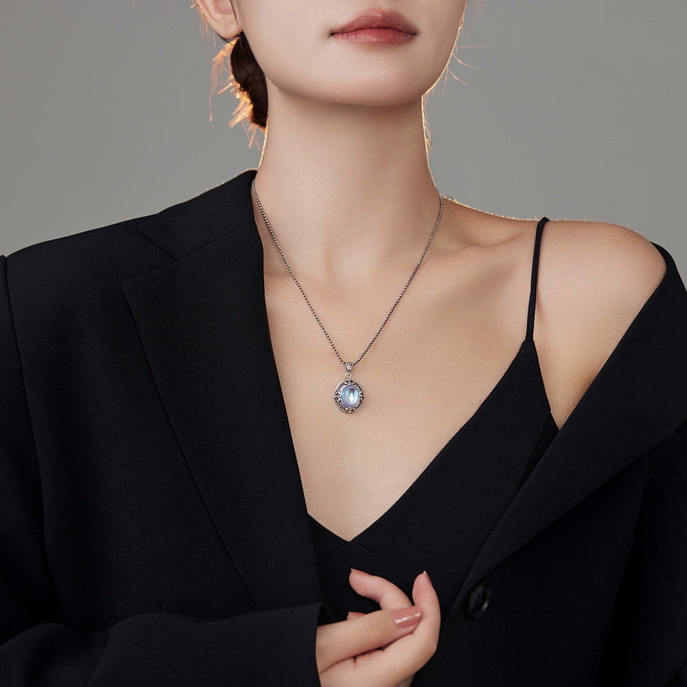 S925 Sterling Silver Vintage Cross Moonstone Necklace Women's High Sense Thailand Silver Pendant Personalized Jewelry
