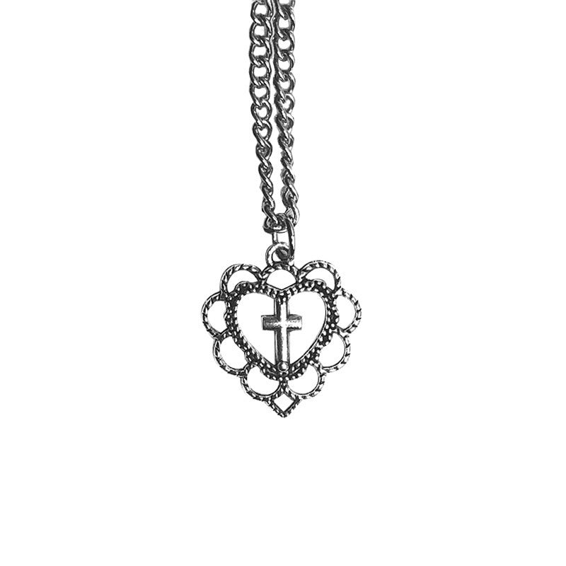 Gothic Punk Style Hollow Heart Cross Pendant Necklace