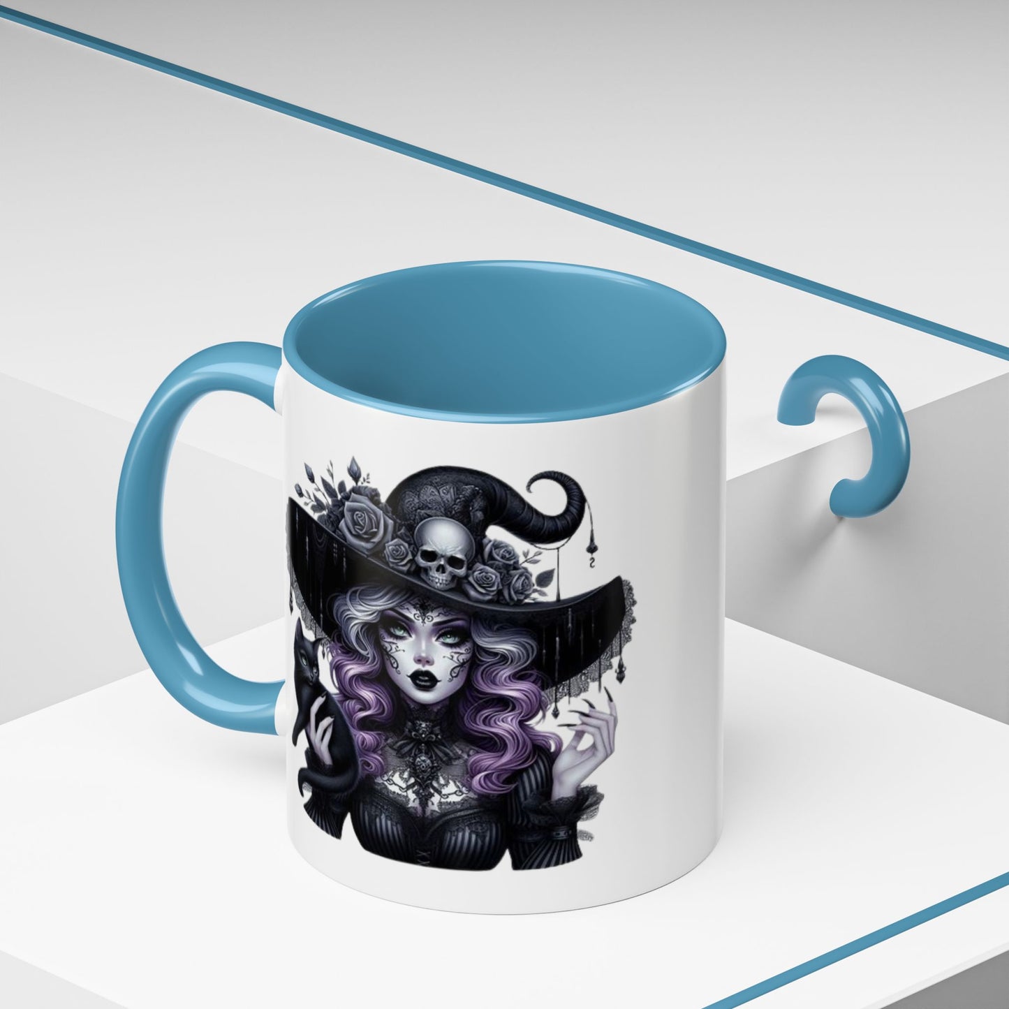Witchy Accent Coffee Mug: Enchanting Black Cat & Skull Design, Spooky Gift for Halloween, Witchcraft Lover, Home Decor, Coffee Lover