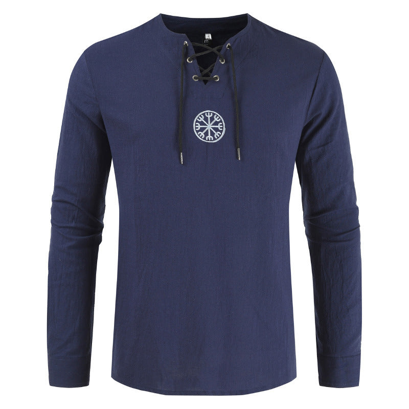Cotton and linen printed solid color large size medieval shirt
