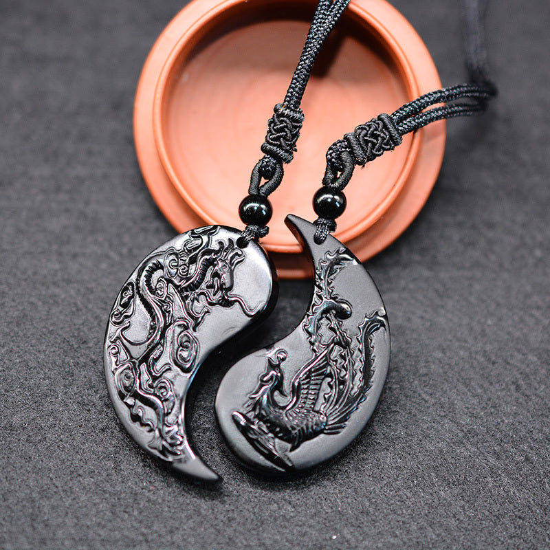 Obsidian Dragon Phoenix Pair Pendant For Lovers