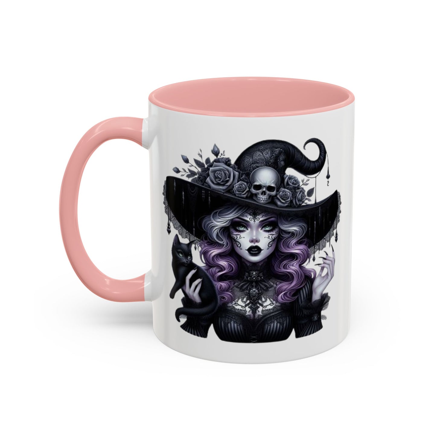 Witchy Accent Coffee Mug: Enchanting Black Cat & Skull Design, Spooky Gift for Halloween, Witchcraft Lover, Home Decor, Coffee Lover