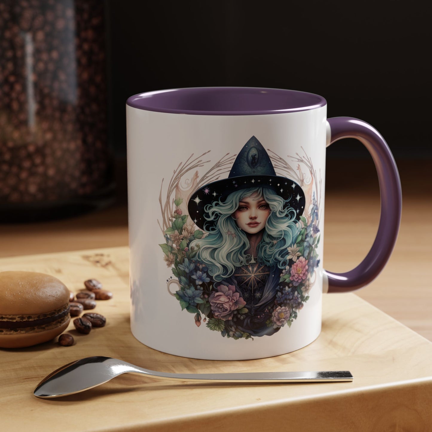 Mystical Floral Witch Coffee Mug with Accent, Gift for Witches, Unique Boho Kitchen Decor, Tea Lover's Mug, Magical Drinkware