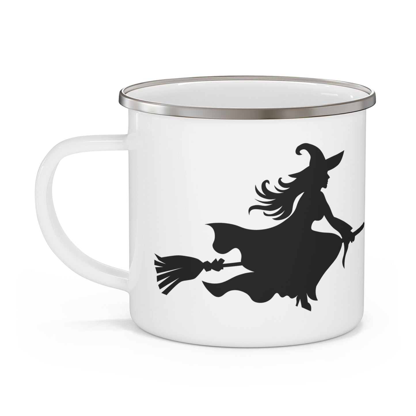 Charming Witch Silhouette Enamel Camping Mug, Perfect for Camping, Halloween Decor, Travel Mug, Gift for Witches, Outdoor Adventure