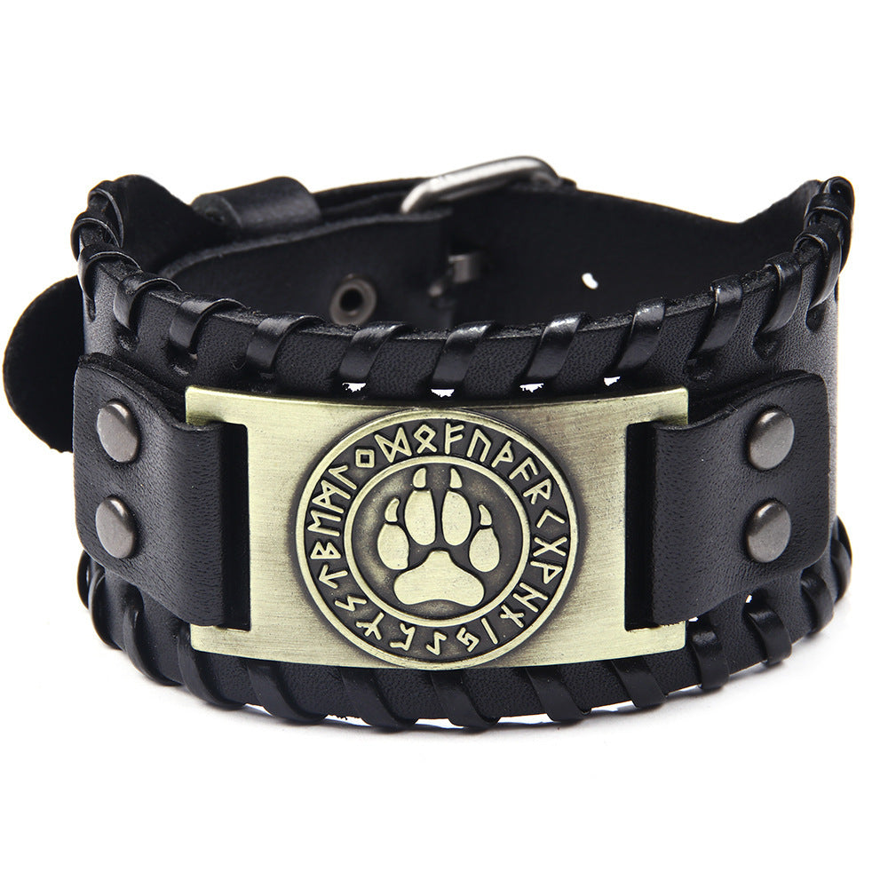 Men's Wolf Head Wide Leather Bracelet