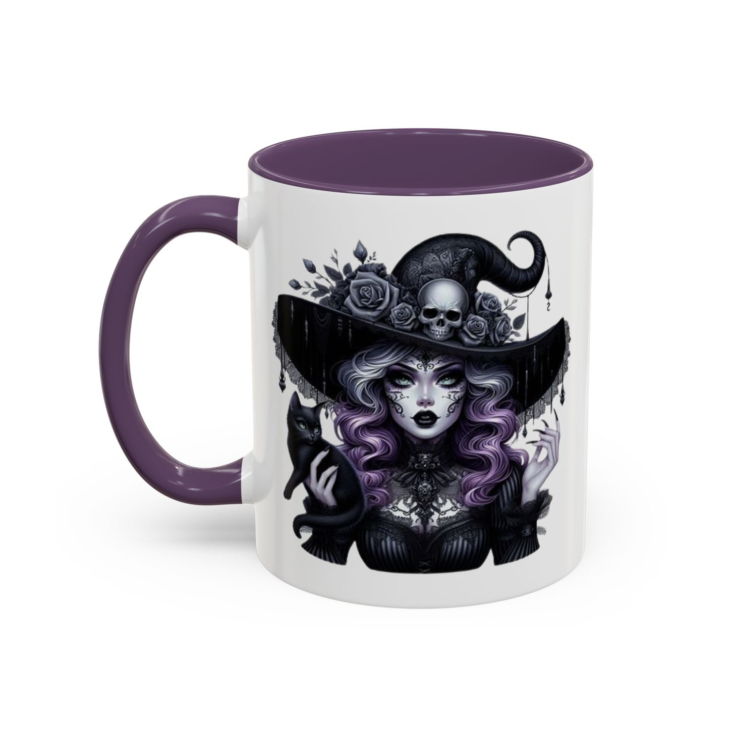 Witchy Accent Coffee Mug: Enchanting Black Cat & Skull Design, Spooky Gift for Halloween, Witchcraft Lover, Home Decor, Coffee Lover