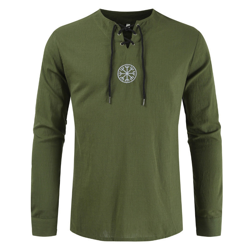 Cotton and linen printed solid color large size medieval shirt