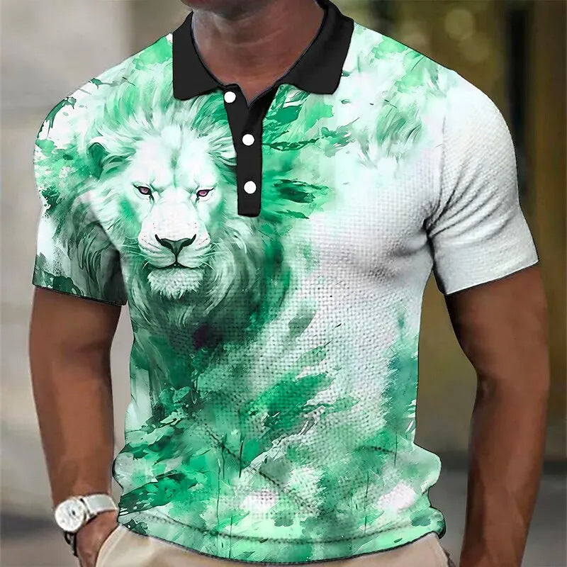 3D Wolf Printed Casual Short-sleeved Street Hip-hop T-shirt Breathable Pullover Men's Polo Shirt