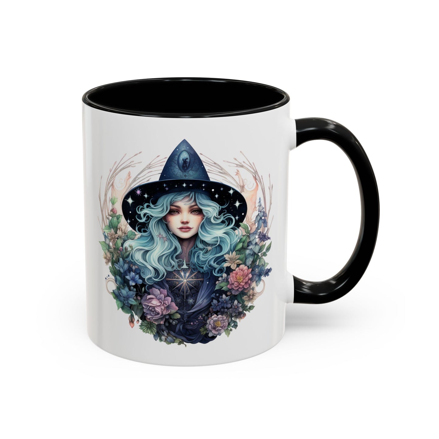 Mystical Floral Witch Coffee Mug with Accent, Gift for Witches, Unique Boho Kitchen Decor, Tea Lover's Mug, Magical Drinkware