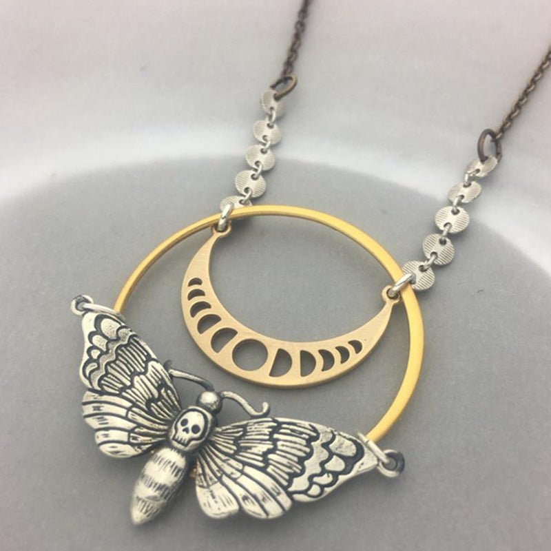 Moon phase skull moth mysterious pendant necklace