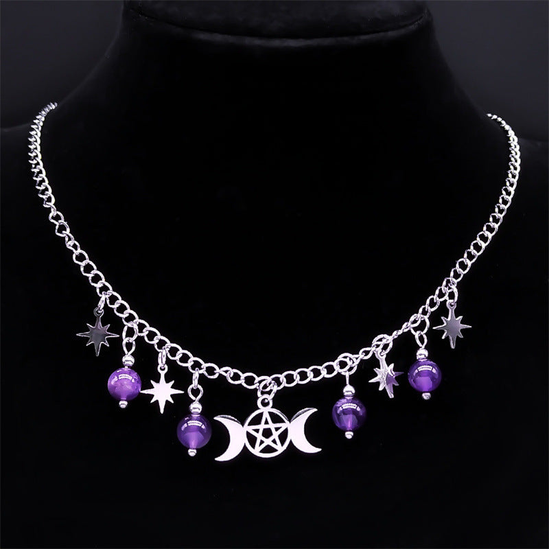 Triple Moon Goddess Five-pointed Star Necklace Stainless Steel