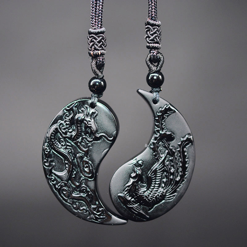 Obsidian Dragon Phoenix Pair Pendant For Lovers