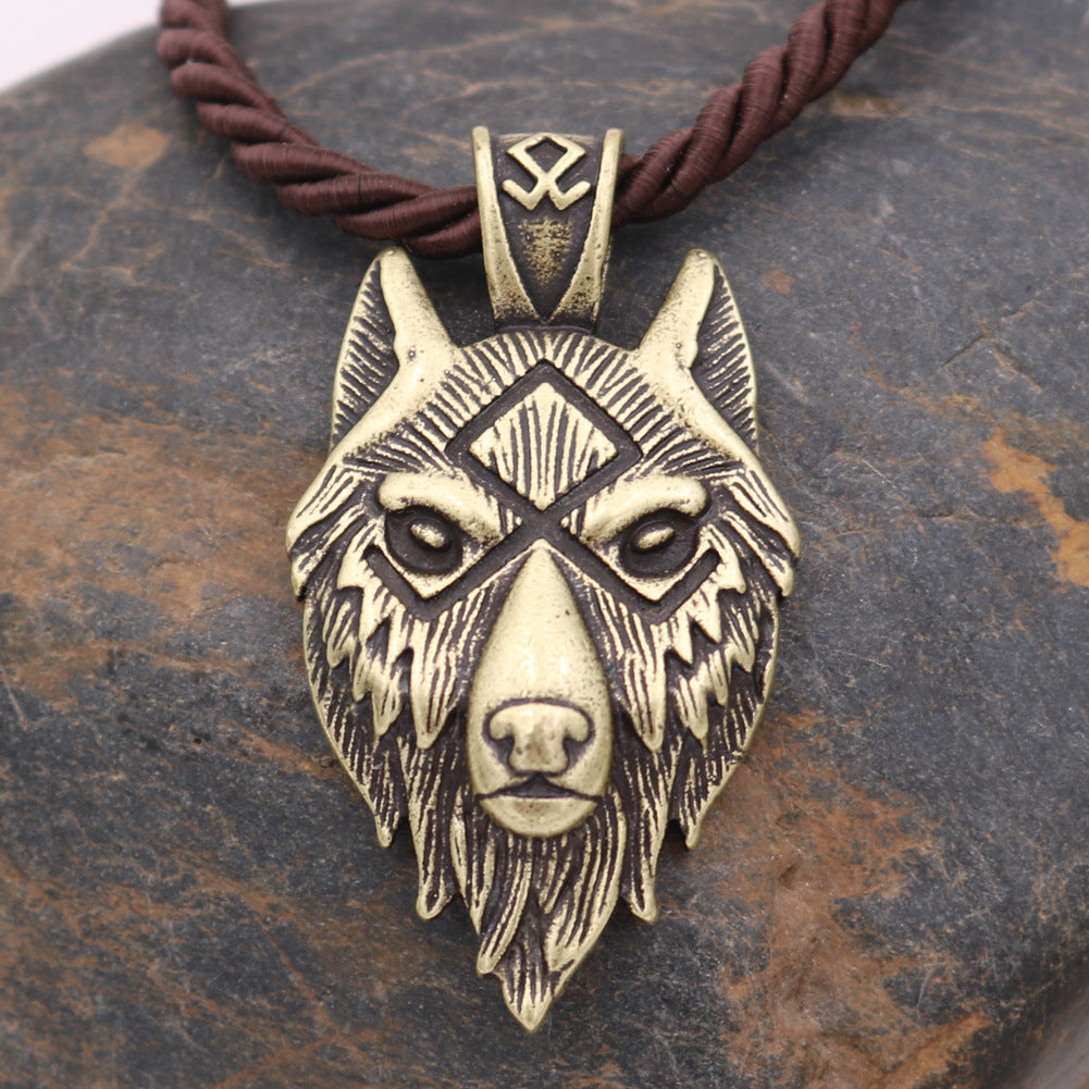Viking Wolf Head Metal Necklace Luna Rune Amulet