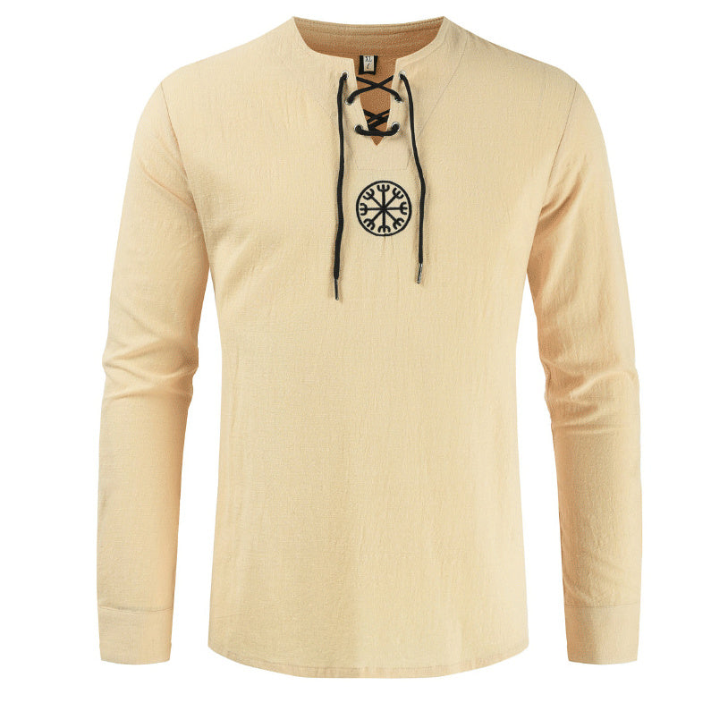 Cotton and linen printed solid color large size medieval shirt