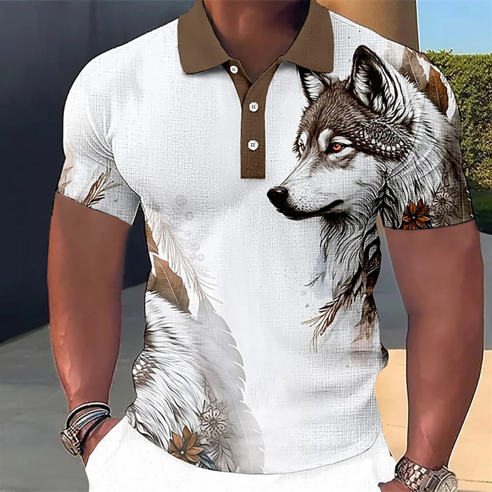 3D Wolf Printed Casual Short-sleeved Street Hip-hop T-shirt Breathable Pullover Men's Polo Shirt