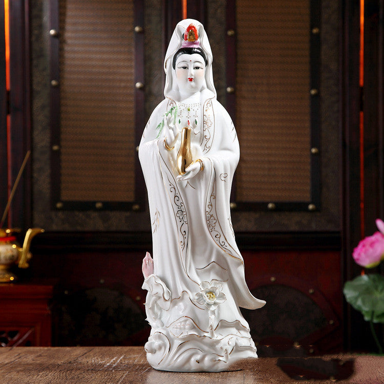 White Jade Avalokitesvara Bodhisattva Statue Ceramic Ornament