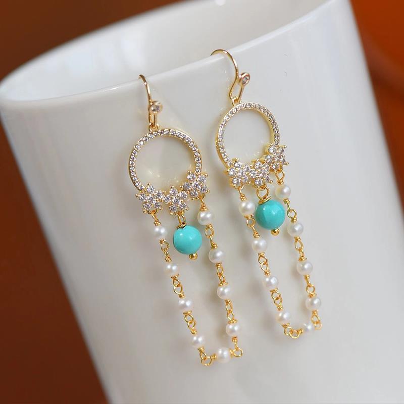 Gorgeous Sterling Silver Pearl Turquoise Ear Fashion Social Goddess Temperament Hipster Ear Shape