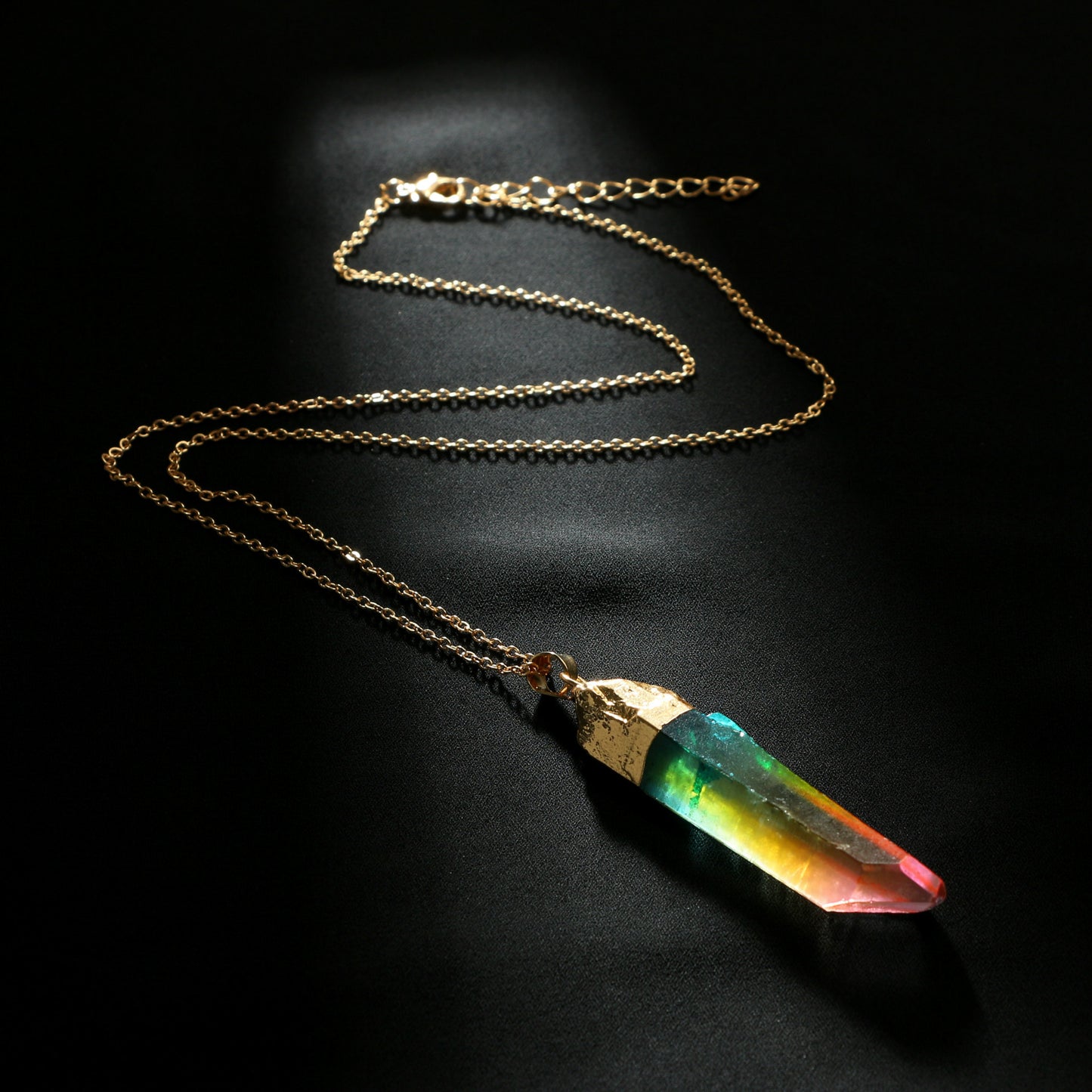 Original stone cylindrical mixed color crystal gold rim single ring pendant necklace