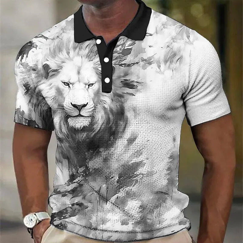3D Wolf Printed Casual Short-sleeved Street Hip-hop T-shirt Breathable Pullover Men's Polo Shirt