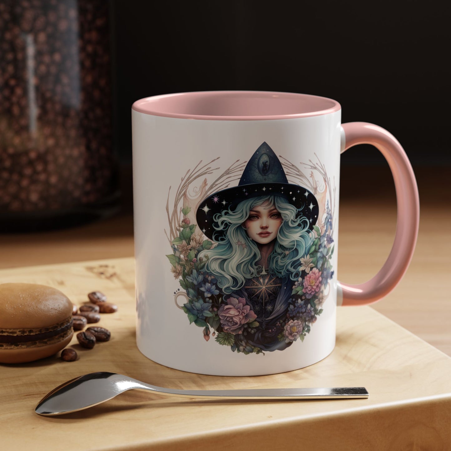 Mystical Floral Witch Coffee Mug with Accent, Gift for Witches, Unique Boho Kitchen Decor, Tea Lover's Mug, Magical Drinkware